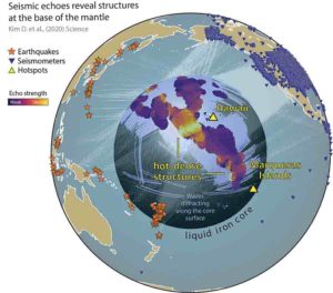 Earthquakes send sound waves through the Earth. Seismograms record the echoes as those waves travel along the core-mantle boundary, diffracting and bending around dense rock structures. New research from University of Maryland provides the first broad view of these structures, revealing them to be much more widespread than previously known. Credit: Doyeon Kim/University of Maryland