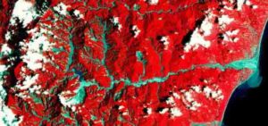  False color satellite image of the Taimali catchment area in southeastern Taiwan in August 2009 after typhoon Morakot. Red: vegetated surface, grey: barren surface (Image: LANDSAT-7 / NASA, JPL).