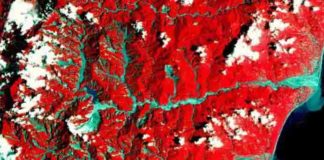 False color satellite image of the Taimali catchment area in southeastern Taiwan in August 2009 after typhoon Morakot. Red: vegetated surface, grey: barren surface (Image: LANDSAT-7 / NASA, JPL).