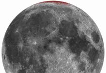 Enhanced map of hematite (red) on Moon using a spheric projection (nearside only). Credit: Shuai Li