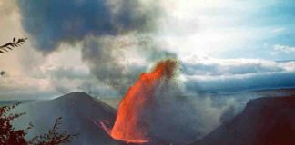 A lava fountain during the 1959 eruption of Kilauea Iki. Credit: USGS
