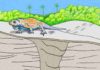 Illustration shows a cross section of the prehistoric iguana burrow, and how the surrounding landscape may have looked during the Late Pleistocene Epoch. Credit: Anthony Martin.