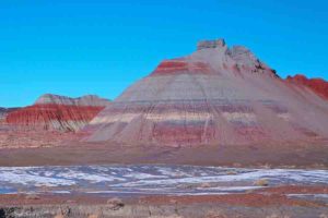 The colorful banded Tepees are part of the Blue Mesa Member, a geological feature about 220 million to 225 million years old in the Chinle Formation in Petrified Forest National Park in Arizona. Credit: NPS