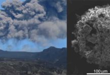 Volcanic plume associated with the April-May 2010 eruption of Eyjafjallajökull volcano (Iceland) and Scanning Electron Microscope image of a typical ash cluster made of micrometric volcanic particles collected on an adhesive paper during fallout. © UNIGE, Costanza Bonadonna