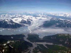 Glaciers such as the Yakutat in Southeast Alaska, shown here, have been melting since the end of the Little Ice Age, influencing earthquakes in the region. Credit: Sam Herreid