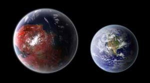 An artistic representation of the potentially habitable planet Kepler 422-b (left), compared with Earth (right). Credit: Ph03nix1986 / Wikimedia Commons