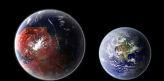 An artistic representation of the potentially habitable planet Kepler 422-b (left), compared with Earth (right). Credit: Ph03nix1986 / Wikimedia Commons