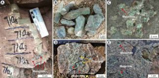 Copper-rich minerals indicating widespread volcanic activity at the end-Permian mass extinction in different regions in southern China (A: Taoshujing locality; B: Lubei locality; C: Guanbachong; D: Taoshujing locality; E: Longmendong locality). The minerals are all copper sulfides, mostly Malachite--the minerals' green patches. Photo credit: H. Zhang, Nanjing Institute of Geology and Palaeontology.