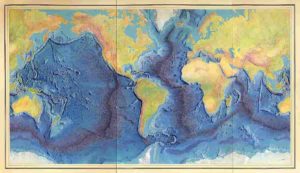 Painting of the Mid-Ocean Ridge with rift axis by Heinrich Berann based on the scientific profiles of Marie Tharp and Bruce Heezen (1977).
