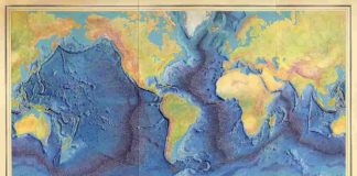 Painting of the Mid-Ocean Ridge with rift axis by Heinrich Berann based on the scientific profiles of Marie Tharp and Bruce Heezen (1977).