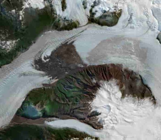 Using satellite imagery (shown above) to study the effects of a 2019 landslide on the Amalia Glacier in Patagonia, a University of Minnesota-led research team found the landslide helped stabilize the glacier and caused it to grow by about 1,000 meters over the last three years. Photo credit: Max Van Wyk de Vries