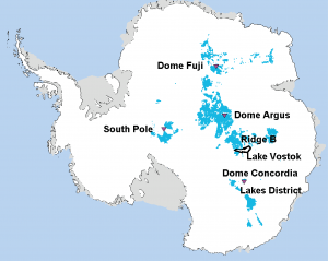 This shows Antarctic locations (in bright blue) where 1.5 million years old ice could exist. The figure is modified from Van Liefferinge and Pattyn (Climate of the Past, 2013). Credit: Van Liefferinge and Pattyn 