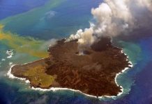 Japan volcanic island smouldering and growing