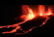 Reunion island volcano erupts in fiery display