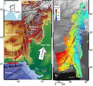 Figure 1: a) Western India plate boundary zone, includes the Chaman fault and Kabul and b) ground velocity field of the Ghazaband fault and Quetta obtained from SAR imagery of the Envisat satellite. 