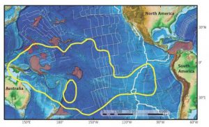 This diagram shows the Pacific large igneous provinces included in a study by Virginia Tech Department of Geosciences researchers. Sections colored in red were visited by Esteban Gazel and his team, while the entire Pacific Large Low Shear Velocity Province is shown in yellow. The Pacific Large Low Shear Velocity Province is nearly 2,000 miles wide. Credit: Virginia Tech