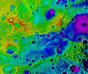 Using colorized topography, Mercury's 'great valley' (dark blue) and Rembrandt impact basin (purple, upper right) are revealed in this high-resolution digital elevation model merged with an image mosaic obtained by NASA's MESSENGER spacecraft. Credit: NASA/JHUAPL/Carnegie Institution of Washington/DLR/Smithsonian Institution