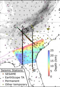 The region in color denotes a shear zone where the continent of Gondwana slip atop proto-North America 300 million years ago. Credit: Fischer Lab/Brown University 