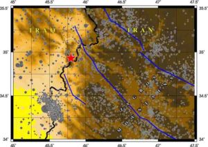 Recorded earthquakes in the region are marked with gray circles