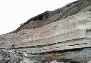 Bioclastic limestone and cross-bedded conglomerate are visible in exposed rocks at Marl Wash in the Bouse Formation, south of Blythe, California