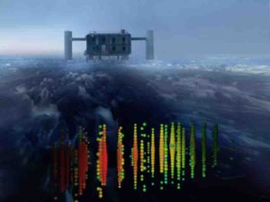 This image shows a visual representation of one of the highest-energy neutrino detections superimposed on a view of the IceCube Lab at the South Pole