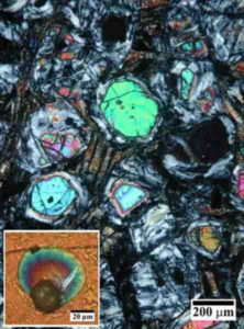 fresh olivine (large green, blue and pink crystals) and glass inclusion (lower left inset)