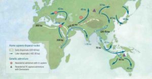 Map of sites and postulated migratory pathways associated with modern humans dispersing across Asia during the Late Pleistocene.