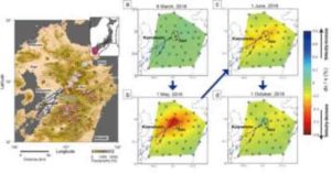 The time variation of seismic velocity relative to the averaged pre-earthquake value are displayed.