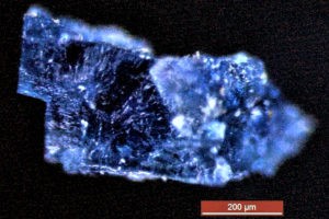 A blue crystal recovered from a meteorite that fell near Morocco in 1998. 