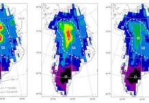 These are geothermal heat flux predictions for Greenland. Direct GHF measurements from the coastal rock cores, inferences from ice cores, and additional Gaussian-fit GHF data around ice core sites are used as training samples.