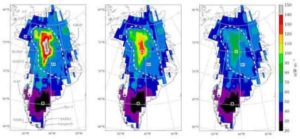 These are geothermal heat flux predictions for Greenland. Direct GHF measurements from the coastal rock cores, inferences from ice cores, and additional Gaussian-fit GHF data around ice core sites are used as training samples. 