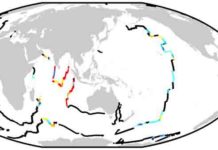 Colored and black points mark the global distribution of mid-ocean ridges, with ages of 66 million years ago created at spreading rates above and below 35 millimeters a year, respectively.