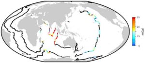 Colored and black points mark the global distribution of mid-ocean ridges, with ages of 66 million years ago created at spreading rates above and below 35 millimeters a year, respectively. 