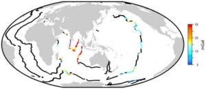 Colored and black points mark the global distribution of mid-ocean ridges, with ages of 66 million years ago created at spreading rates above and below 35 millimeters a year, respectively.