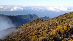 A fieldwork photo from Réunion Island shows the flank of the Cirque de Cilaos, looking out towards the Indian Ocean.