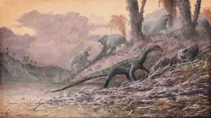Teleocrater, an early dinosaur relative, is shown feeding on Cynognathus, while hippo-like dicynodonts look on. All of these animals lived in the mid-Triassic of Tanzania, about 240 million years ago.