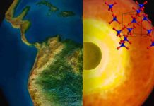 The molecular structure of ice-VII (upper right) is shown with an artistic rendering of the Earth and a cutaway view of the inner Earth (right). Crystallized water, in the form of ice-VII, was found in diamond samples studied at Berkeley Lab.