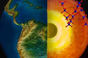 The molecular structure of ice-VII (upper right) is shown with an artistic rendering of the Earth and a cutaway view of the inner Earth (right). Crystallized water, in the form of ice-VII, was found in diamond samples studied at Berkeley Lab.