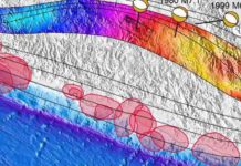 Mexico’s 2017 earthquake emerged from a growing risk zone Map shows earthquake epicenters (surrounded in light red) offshore where the Cocos and North American tectonic plates meet. The newer fault zone is inland, the black lines mark the changing trajectories of abyssal hills atop the descending Cocos Plate. Blue-shaded areas in this zone are where subduction angles remain steep. The pink area, below Mexico City, is a transition zone where another earthquake could occur. The 2017, 1999 and 1980 quake epicenters are in a red-shaded zone to the southeast that is considered to be at most risk for quakes.