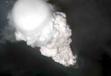 Scientists capture sounds of volcanic thunder This satellite image shows Bogoslof volcano erupting on May 28, 2017.
