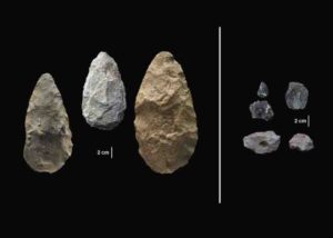 The first evidence of human life in the Olorgesailie Basin comes from about 1.2 million years ago. For hundreds of the thousands of years, people living there made and used large stone-cutting tools called handaxes (left).