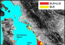 Sinking land will exacerbate flooding from sea level rise in Bay Area The San Francisco Bay shoreline, where yellow indicates areas where a projected rise in sea level (SLR) will result in flooding by 2100. Red shows where local land subsidence (LLS) will combine with SLR to increase the flood-prone areas.