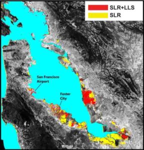 The San Francisco Bay shoreline, where yellow indicates areas where a projected rise in sea level (SLR) will result in flooding by 2100. Red shows where local land subsidence (LLS) will combine with SLR to increase the flood-prone areas.