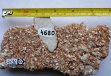 Two-billion-year-old salt rock reveals rise of oxygen in ancient atmosphere A sample of 2-billion-year-old salt (pink-white recrystallized halite) with embedded fragments of calcium sulfate from a geological drill core in Russian Karelia.