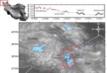 Keeping an eye on the soundness of structures Lake Urmia (LU), its water level over time, and the survey area of the four satellites are shown, along with a topographic map of Iran and a sketch of the Lake Urmia Causeway.
