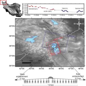 Lake Urmia (LU), its water level over time, and the survey area of the four satellites are shown, along with a topographic map of Iran and a sketch of the Lake Urmia Causeway. 