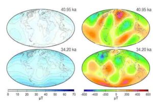 Intensity at Earth's surface (left) and radial field (Br) at the CMB (right).