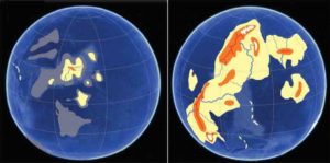 A conceptual rendering suggests how Earth's land elevations and oceans may have appeared during the assembly of Kenorland, left, and later, right, after the Great Oxygenation Event. A University of Oregon-led study has potentially narrowed the window on when significant amounts of land emerged from under the ocean's surface.