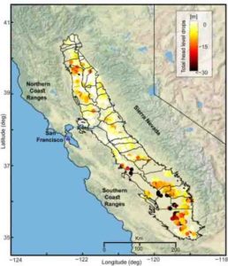 Groundwater well levels dropped several meters at most of the 1600 observation wells across the Central Valley, from 2007-2010. 