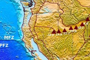 This is the location of the Yellowstone's hotspot track. The triangles indicate general locations of the Yellowstone and Snake River Plain age-progressive volcanoes with ages shown in millions of years, plotted on a topography map of the Western United States.